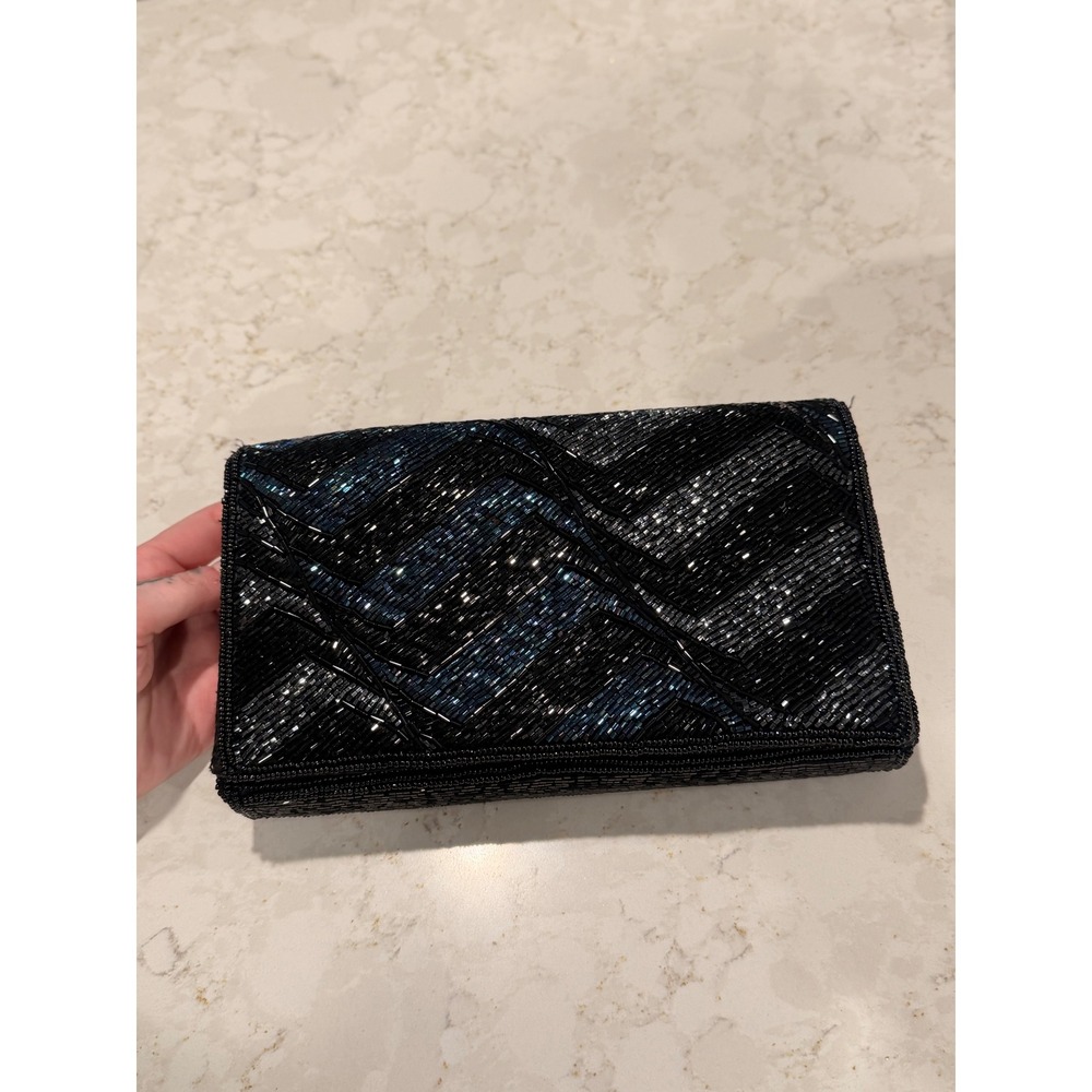 BC Courtenay Black Beaded Evening Clutch Bag Geometric Chevron Hand Made Vintage
